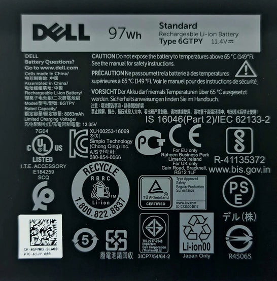 11.4V 97Wh Original Dell XPS 15 XPS 15 9570, Precision 5510, 5520, Inspiron 15 7590, 6GTPY Laptop Battery